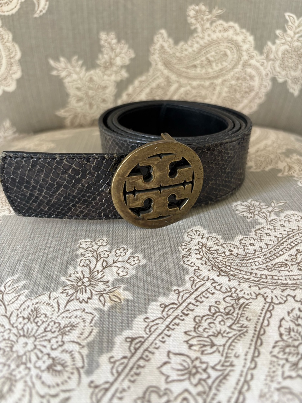 Tory Burch Black Textured Leather Belt with Gold Logo Buckle